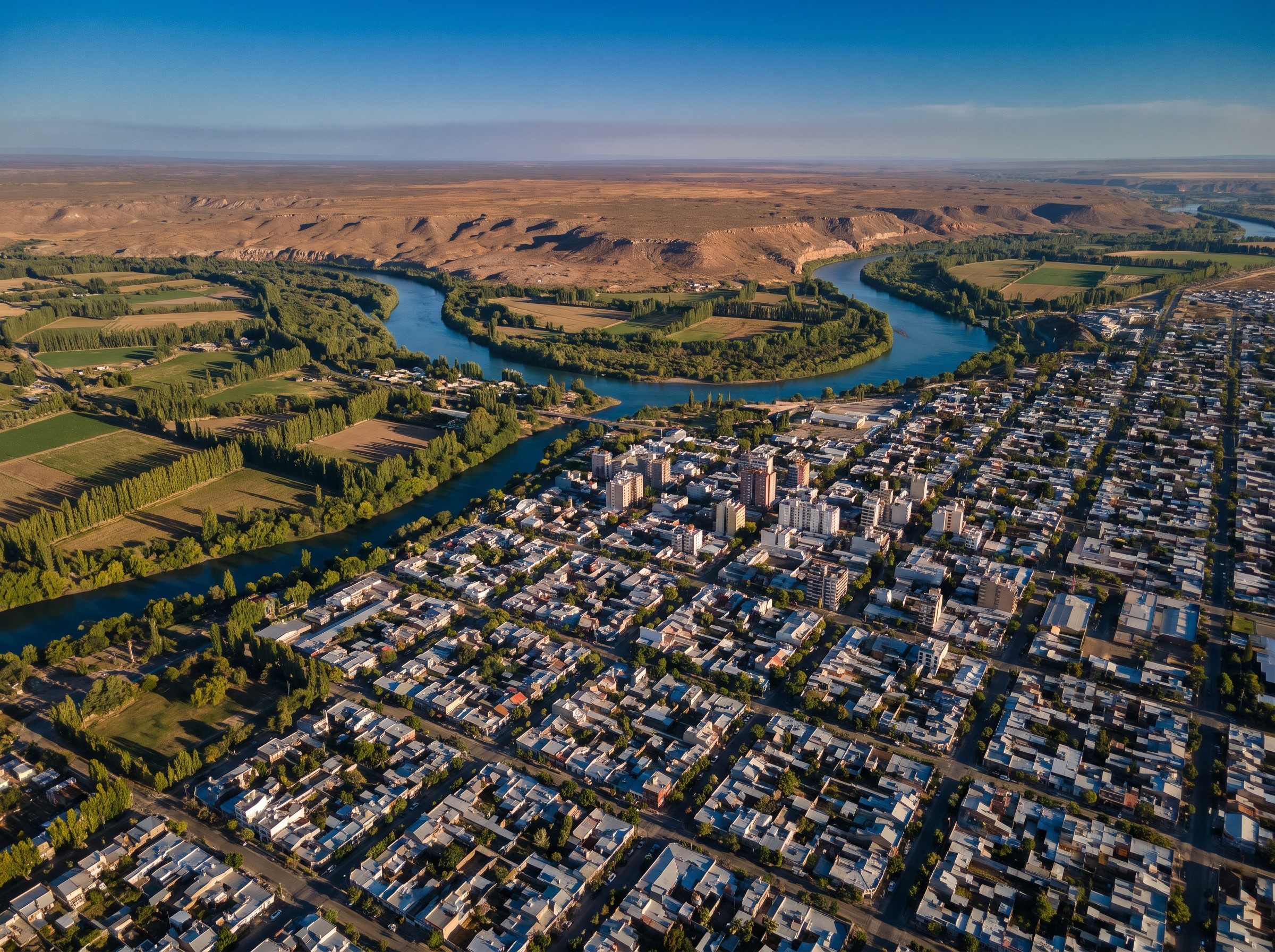 Vista aérea de la ciudad de Neuquén en la confluencia de los ríos Limay y Neuquén